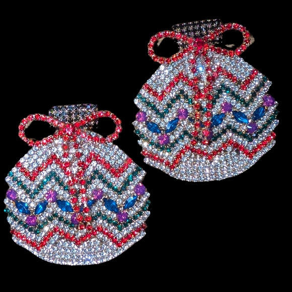Rhinestone Ornament Earrings w/ Bow Tassels - Picture 3 of 6